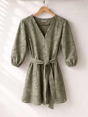 Zara Olive Eyelet Tie-Waist Mini Dress Size S